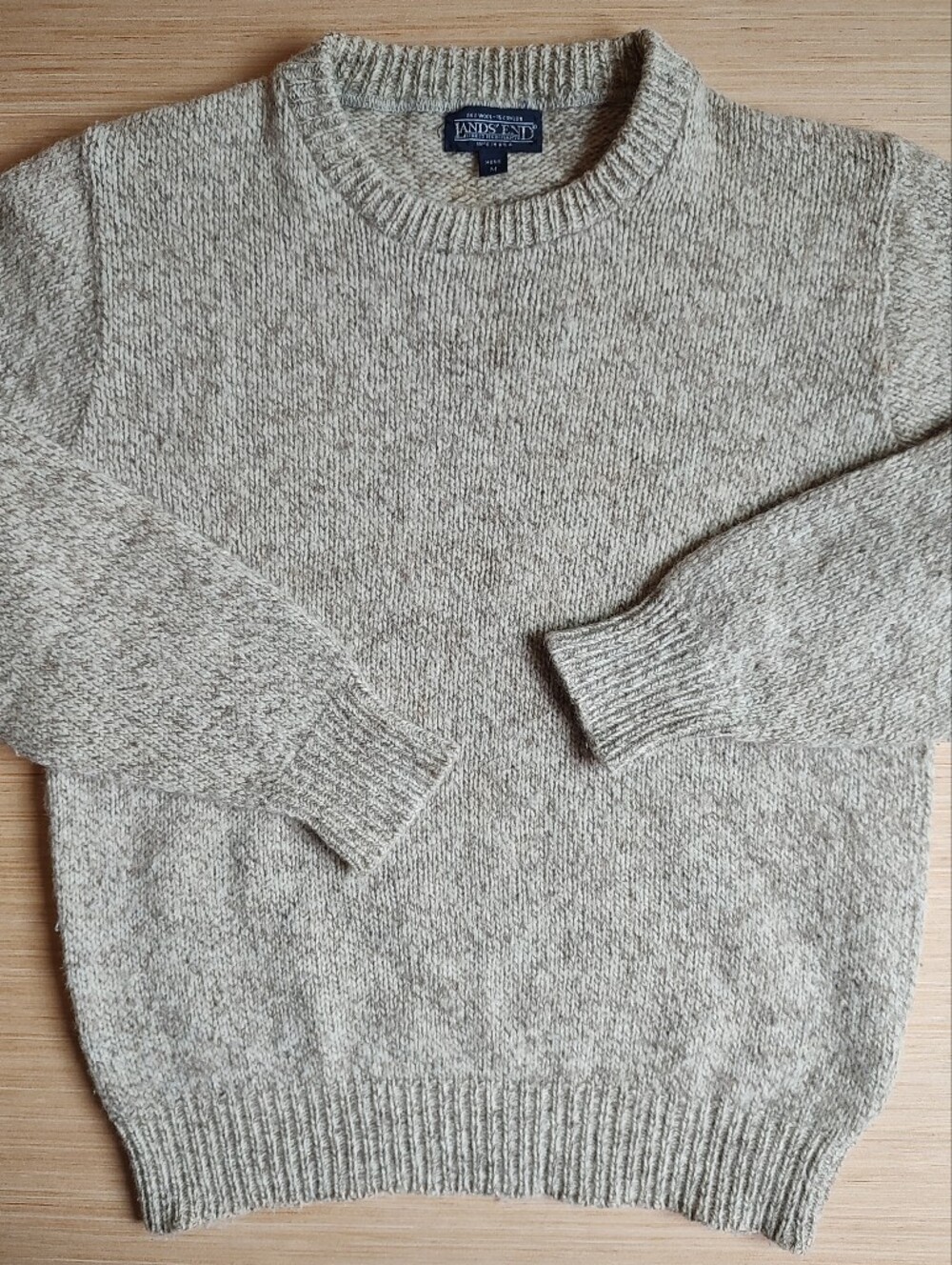 Lands End Men's Wool Sweater Pullover Knit Taupe Grey Beige Brown USA Marled M
